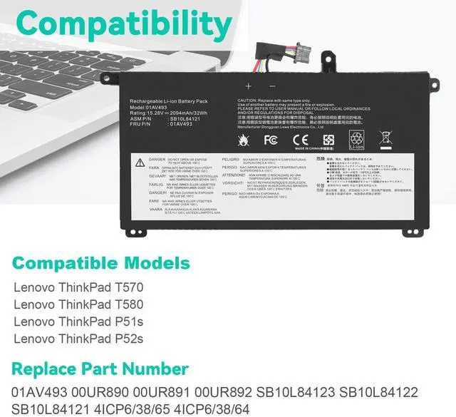 Alt view image 6 of 6 - Tronovia 01AV493 00UR891 00UR890 Laptop Battery For Lenovo ThinkPad T570 T580 P51S P52S
