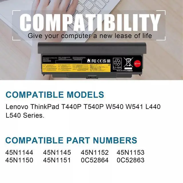 Alt view image 5 of 6 - Tronovia 9-Cell 57++ 45N1144 Battery for Lenovo ThinkPad T440P T540P W540 W541 L440 L540 Series