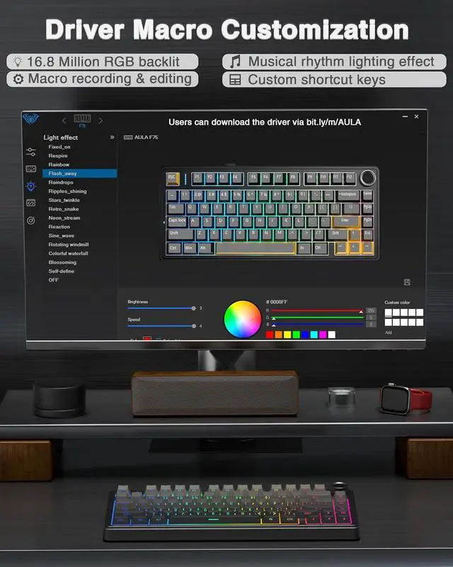 Alt view image 6 of 7 - AULA F75 Pro Wireless Mechanical Keyboard  75% Hot-Swappable, RGB Backlit, Knob Control, Pre-lubed Reaper Switches, Side-Printed PBT Keycaps, 2.4GHz/USB-C/Bluetooth 5.0  Gaming Keyboard