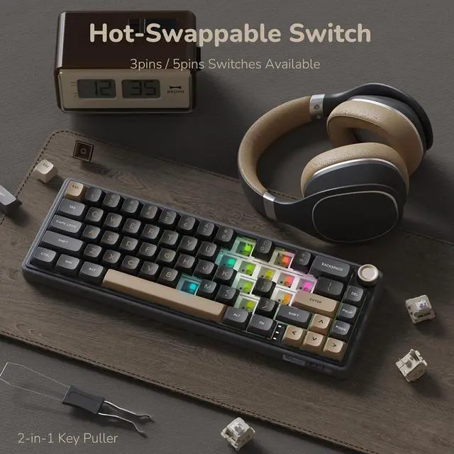 Alt view image 4 of 7 - RK ROYAL KLUDGE R65 Wired 60% Gaming Keyboard  Volume Knob, RGB Backlit, Mechanical Gasket Mount, PBT Keycaps, MDA Profile, QMK/VIA Support, 66 Keys Hot-Swappable Cream Switches, Black.