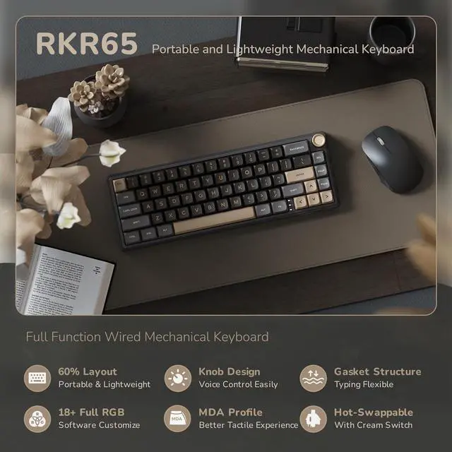 Alt view image 5 of 7 - RK ROYAL KLUDGE R65 Wired 60% Gaming Keyboard  Volume Knob, RGB Backlit, Mechanical Gasket Mount, PBT Keycaps, MDA Profile, QMK/VIA Support, 66 Keys Hot-Swappable Cream Switches, Black.