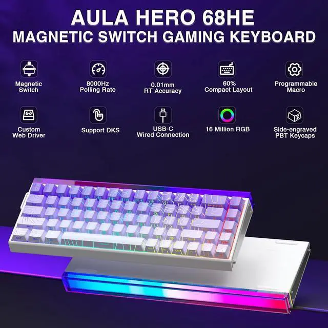Alt view image 2 of 6 - AULA Hero 68 HE 60% Wired Gaming Keyboard  Hall Effect Magnetic Switches, Adjustable Actuation, Fast Trigger Mode, 8K Hz Polling, 0.125ms Latency, Side-Printed PBT Keycaps, RGB Backlit.