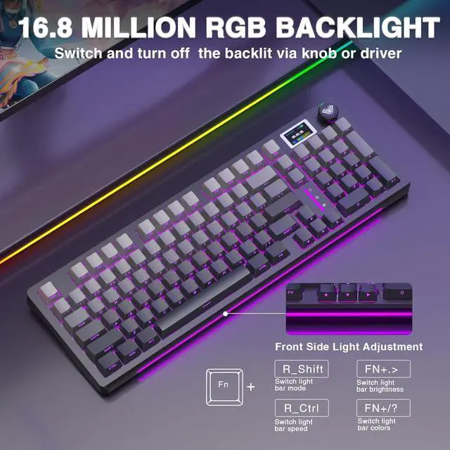 Alt view image 4 of 6 - AULA S98 Pro Wireless Mechanical Keyboard, tri-mode 2.4GHz/BT5.0/USB-C, hot-swappable pre-lubed linear switches, screen & knob, side-printed PBT keycaps, RGB backlit, creamy design.