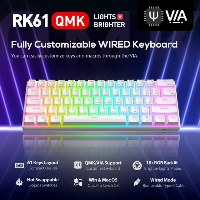 Alt view image 6 of 6 - RK ROYAL KLUDGE RK61 Wired 60% Mechanical Gaming Keyboard, ultra-compact 61 keys, hot-swappable red switches, programmable QMK/VIA, vibrant RGB backlit, sleek white design.
