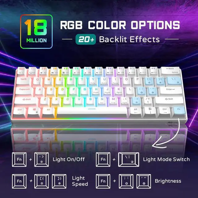 Alt view image 3 of 6 - RK ROYAL KLUDGE RK61 Wired 60% Mechanical Gaming Keyboard, ultra-compact 61 keys, hot-swappable red switches, programmable QMK/VIA, vibrant RGB backlit, sleek white design.