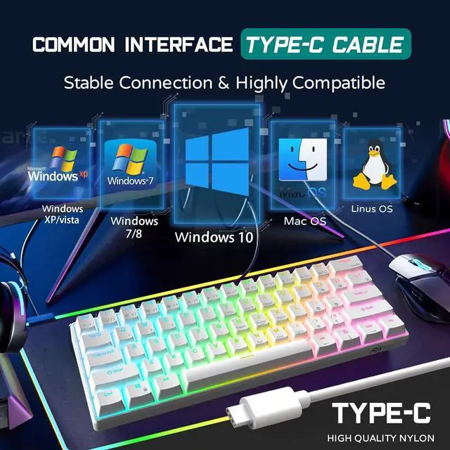 Alt view image 2 of 6 - RK ROYAL KLUDGE RK61 Wired 60% Mechanical Gaming Keyboard, ultra-compact 61 keys, hot-swappable red switches, programmable QMK/VIA, vibrant RGB backlit, sleek white design.