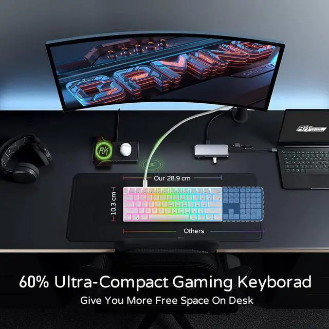 Alt view image 4 of 6 - RK ROYAL KLUDGE RK61 Wired 60% Mechanical Gaming Keyboard, ultra-compact 61 keys, hot-swappable red switches, programmable QMK/VIA, vibrant RGB backlit, sleek white design.