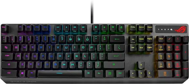 Main image of ASUS ROG Strix Scope RX mechanical gaming keyboard with red optical switches, USB 2.0 passthrough, extra-wide Ctrl key, Aura Sync RGB lighting, and Armoury Crate support, black finish