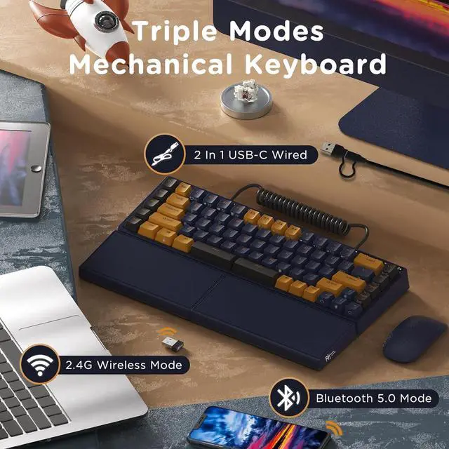 Alt view image 2 of 4 - RK RKS70 ergonomic split 75% mechanical keyboard with wireless Bluetooth/2.4G/wired modes, RGB backlight, hot-swappable switches, fixed wrist rest, black design for Windows and Mac