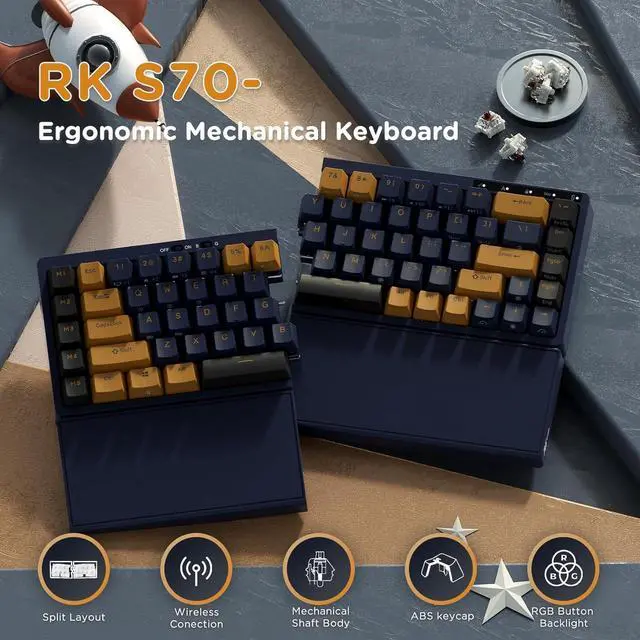 Alt view image 4 of 4 - RK RKS70 ergonomic split 75% mechanical keyboard with wireless Bluetooth/2.4G/wired modes, RGB backlight, hot-swappable switches, fixed wrist rest, black design for Windows and Mac