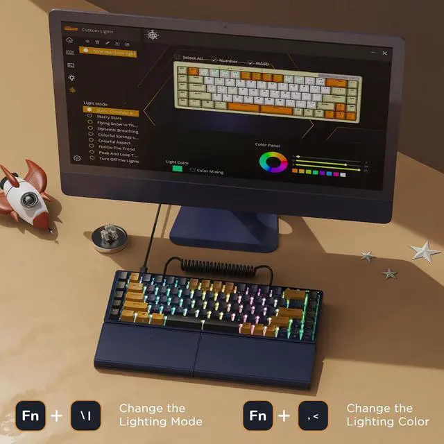 Alt view image 3 of 4 - RK RKS70 ergonomic split 75% mechanical keyboard with wireless Bluetooth/2.4G/wired modes, RGB backlight, hot-swappable switches, fixed wrist rest, black design for Windows and Mac