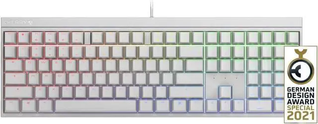 Main image of Cherry MX 2.0S wired gaming keyboard with RGB lighting, available in MX Black, Blue, Brown, Red, and Silent Red switches; white model features MX Silent Red switches for quiet performance