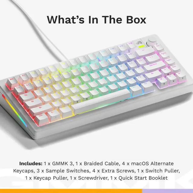 Alt view image 3 of 4 - Glorious GMMK 3 75% custom mechanical gaming keyboard with knob, modular gasket system, doubleshot PBT keycaps, aluminum switch plate, hot-swappable switches, and sleek white ANSI layout