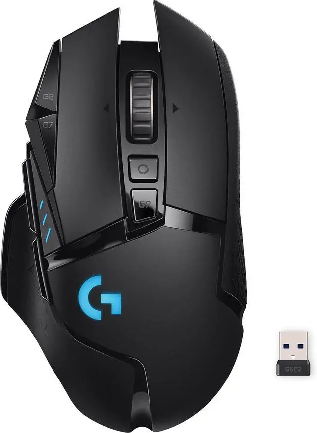 Main image of Logitech G502 Lightspeed wireless gaming mouse with HERO 25K sensor, PowerPlay compatibility, tunable weights, and customizable Lightsync RGB lighting in a sleek black design for precision gaming