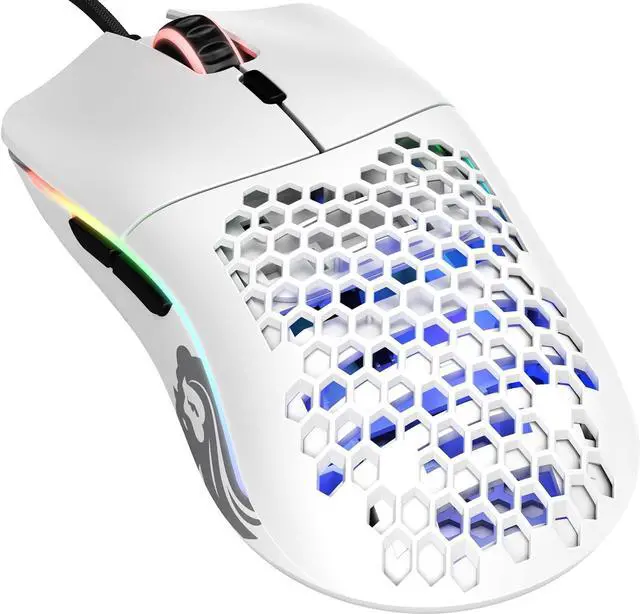 Main image of Glorious Model O wired gaming mouse with 67g superlight honeycomb design, RGB lighting, Pixart 3360 sensor, Omron switches, and ambidextrous shape for precision gaming performance  matte white