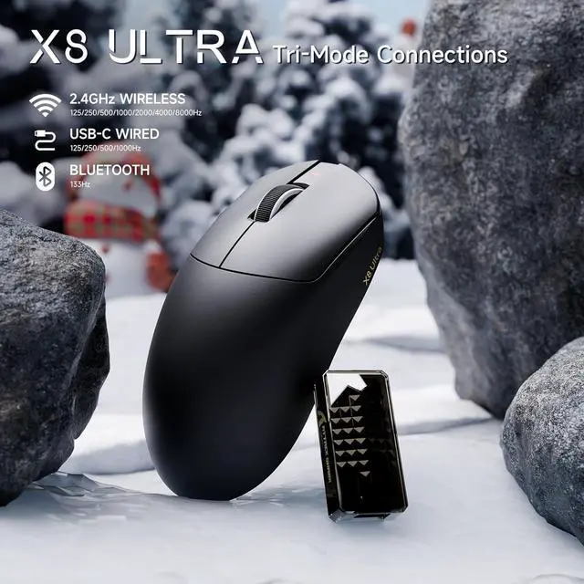 Alt view image 2 of 4 - ATTACK SHARK X8ULTRA wireless gaming mouse  42,000 DPI PAW3950MAX sensor, 8000Hz polling, tri-mode 2.4G/BT/wired, 55g lightweight ergonomic design, coiled cable, ideal for big hands  Black