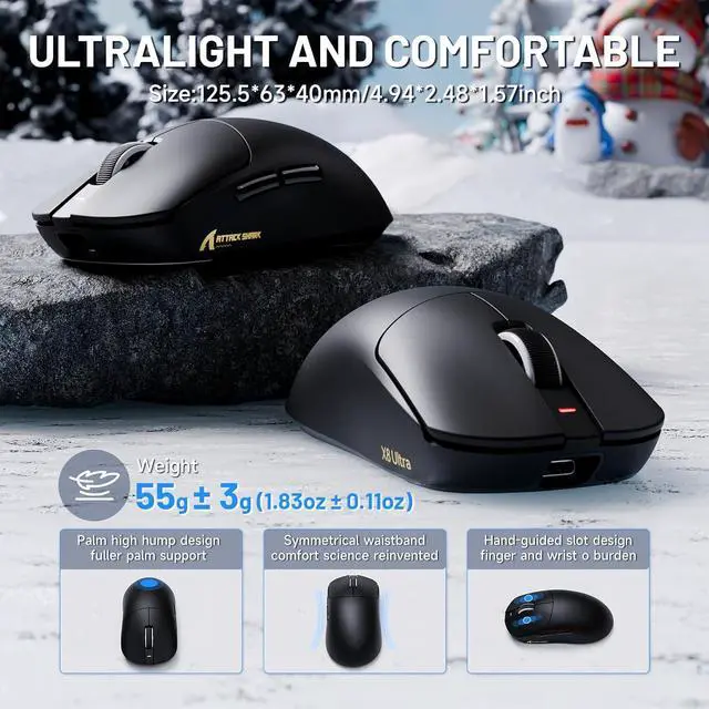 Alt view image 4 of 4 - ATTACK SHARK X8ULTRA wireless gaming mouse  42,000 DPI PAW3950MAX sensor, 8000Hz polling, tri-mode 2.4G/BT/wired, 55g lightweight ergonomic design, coiled cable, ideal for big hands  Black
