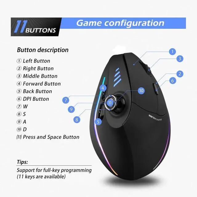 Alt view image 3 of 4 - Zelotes Bluetooth Wireless Mouse with Joystick  Rechargeable, 24,000 DPI, 11 Programmable Buttons, RGB, Dual Mode (BT+2.4G), Optical Vertical Ergonomic Gaming Mouse for Laptop/PC/Tablets