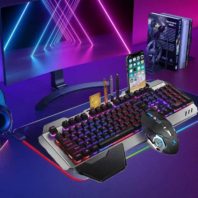 Alt view image 3 of 4 - Wireless Gaming Combo (Purple): Rainbow LED backlit metal panel keyboard + 7-color mute mouse. Rechargeable 4800mAh battery, mechanical feel, ergonomic, waterproof & dustproof for PC/Mac gamers