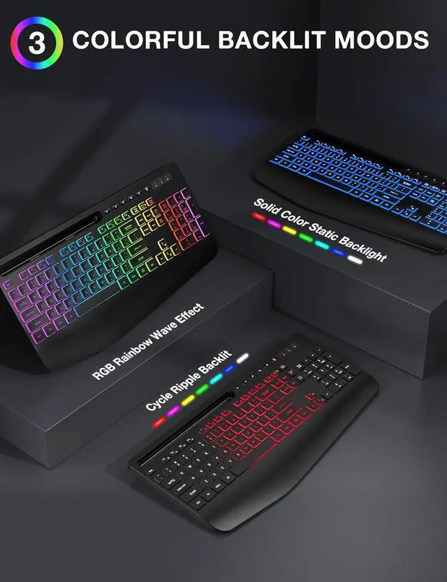 Alt view image 3 of 4 - Wireless Combo: Full-size RGB keyboard with 9 backlit effects, ergonomic wrist rest & phone holder + mouse. 2.4G, rechargeable, quiet, sleep mode. Works with PC, laptop, Mac & Windows