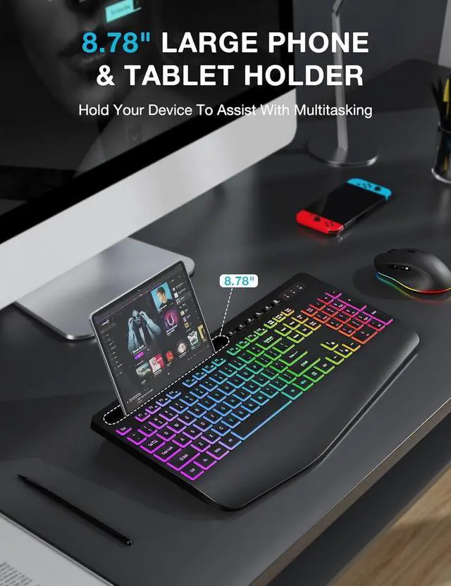 Alt view image 4 of 4 - Wireless Combo: Full-size RGB keyboard with 9 backlit effects, ergonomic wrist rest & phone holder + mouse. 2.4G, rechargeable, quiet, sleep mode. Works with PC, laptop, Mac & Windows