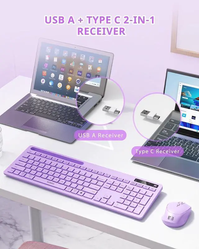 Alt view image 2 of 4 - Seenda Wireless Keyboard & Mouse for MacBook  Full-size purple keyboard with phone holder, 2.4G USB-A & Type-C receiver, compatible with Mac, MacBook/Air/Pro, Windows PC & laptop