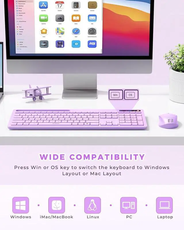 Alt view image 3 of 4 - Seenda Wireless Keyboard & Mouse for MacBook  Full-size purple keyboard with phone holder, 2.4G USB-A & Type-C receiver, compatible with Mac, MacBook/Air/Pro, Windows PC & laptop