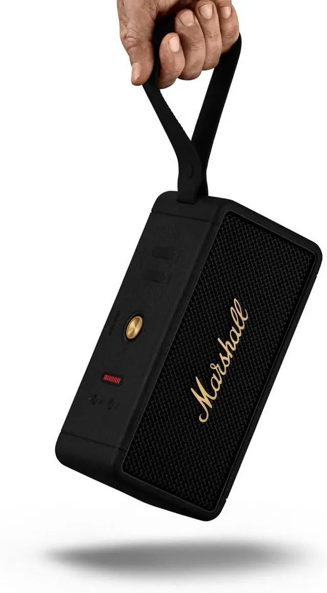 Alt view image 3 of 4 - Marshall Middleton portable Bluetooth speaker  rich stereo sound with deep bass, 20+H playtime, IP67 waterproof design. Stylish, durable, and wireless in Black & Brass for home or outdoor use