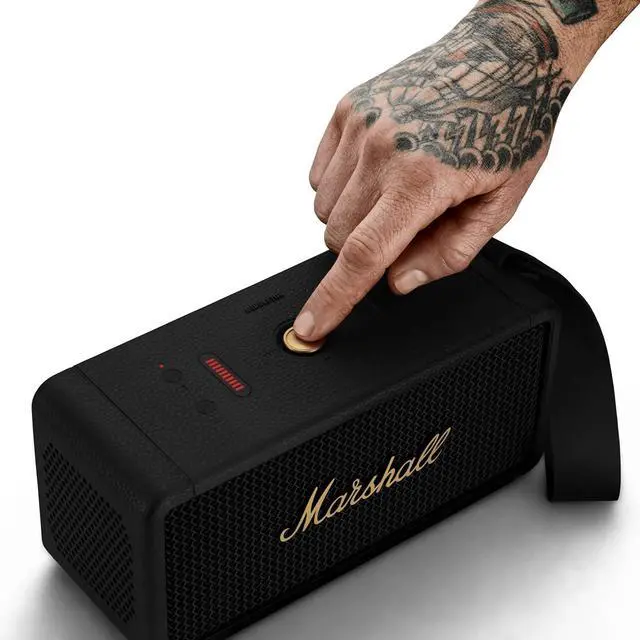 Alt view image 2 of 4 - Marshall Middleton portable Bluetooth speaker  rich stereo sound with deep bass, 20+H playtime, IP67 waterproof design. Stylish, durable, and wireless in Black & Brass for home or outdoor use