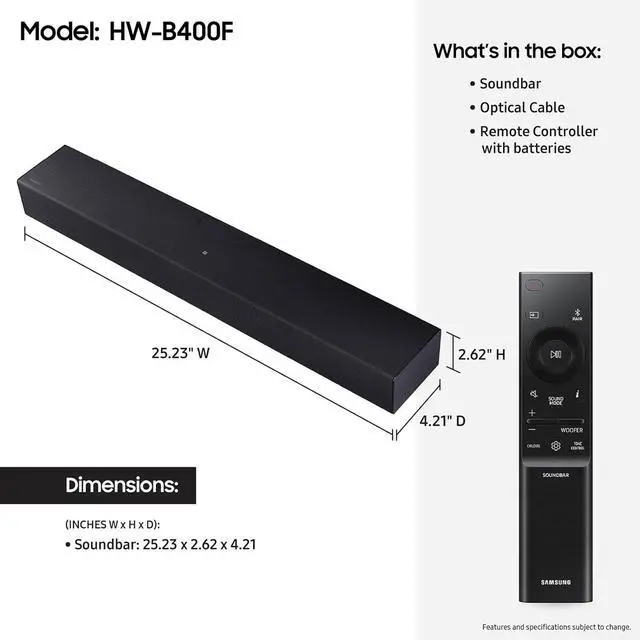Alt view image 4 of 4 - Samsung B-Series HW-B400F 2.0ch Soundbar (2025)  Built-in subwoofer, surround sound expansion & voice enhance mode. Comes with One Remote Control for an easy, immersive audio experience