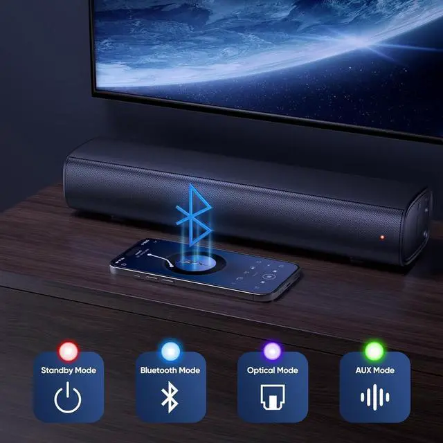 Alt view image 3 of 4 - Saiyin 70W Soundbar with 4" Subwoofer  2.1 channel surround sound for TV/PC. Compact design with rounded-edge subwoofer. Supports Bluetooth, Optical & AUX for rich, enhanced audio.