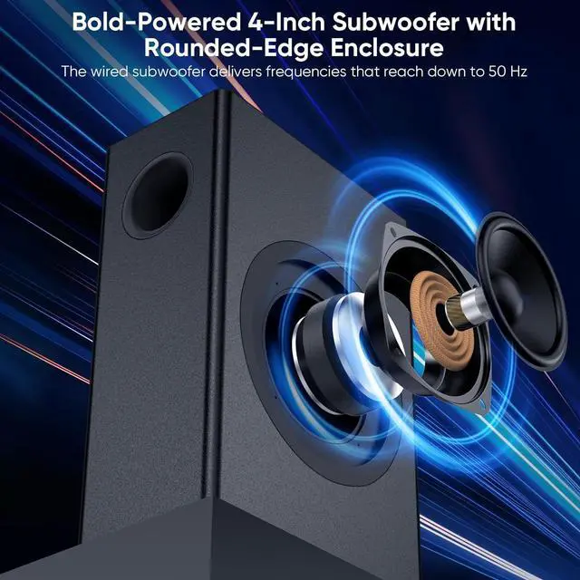 Alt view image 2 of 4 - Saiyin 70W Soundbar with 4" Subwoofer  2.1 channel surround sound for TV/PC. Compact design with rounded-edge subwoofer. Supports Bluetooth, Optical & AUX for rich, enhanced audio.