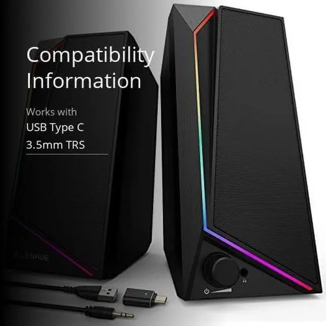 Alt view image 3 of 4 - LENRUE USB/USB-C Computer Speakers  Loud stereo sound with headphone-in support. Works with desktop, iMac, MacBook, laptop & monitor. USB-C to USB adapter included for easy setup