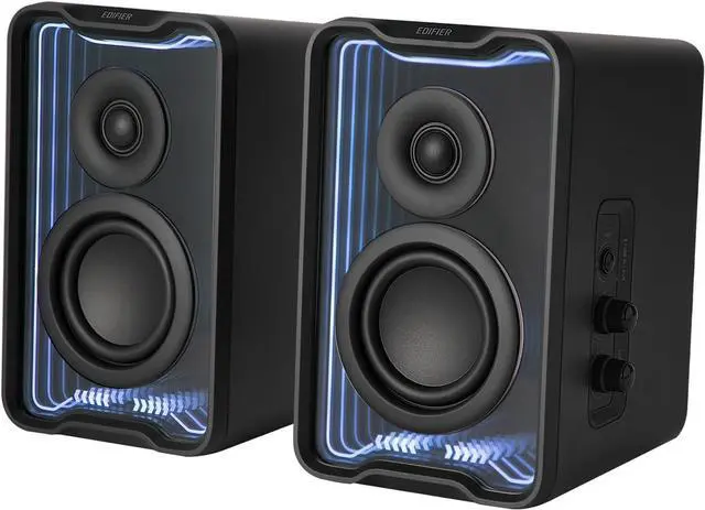 Main image of Edifier QR30 2.0 Desktop Speakers  30W RMS, compact Bluetooth 5.4 wireless bookshelf speakers. Features 3.5mm AUX, USB-A input, dynamic light effects, app control. Sleek black design