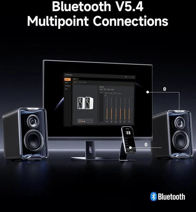 Alt view image 2 of 4 - Edifier QR30 2.0 Desktop Speakers  30W RMS, compact Bluetooth 5.4 wireless bookshelf speakers. Features 3.5mm AUX, USB-A input, dynamic light effects, app control. Sleek black design