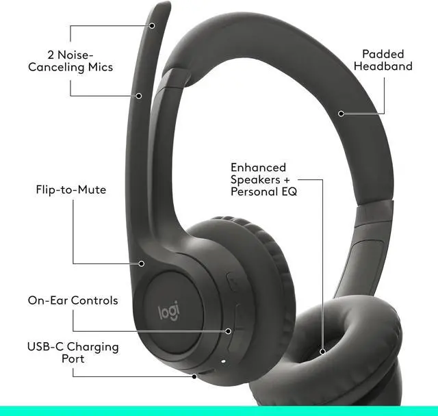 Alt view image 3 of 6 - Logitech Zone 301 Wireless Headset with Noise-Canceling Microphone, Compatible with Windows, Mac, Chrome, Linux, iOS, iPadOS, Android Bluetooth Headphone