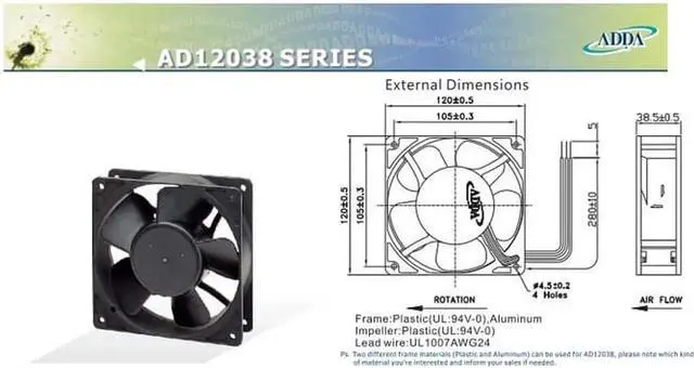 Alt view image 2 of 3 - for Original ADDA AD1224HS-F51 12038 Sleeve bearing Cooling fan with 24V 0.32A 2800RPM 105.4 CFM 46.7dB 120X120X38MM Aluminum Frame For Inverter