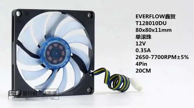 Alt view image 3 of 3 - for EverFlow 8010 T128010DU DC square Cooler with 12V 0.35A 4 Wires 4Pins Blue-transparent blades