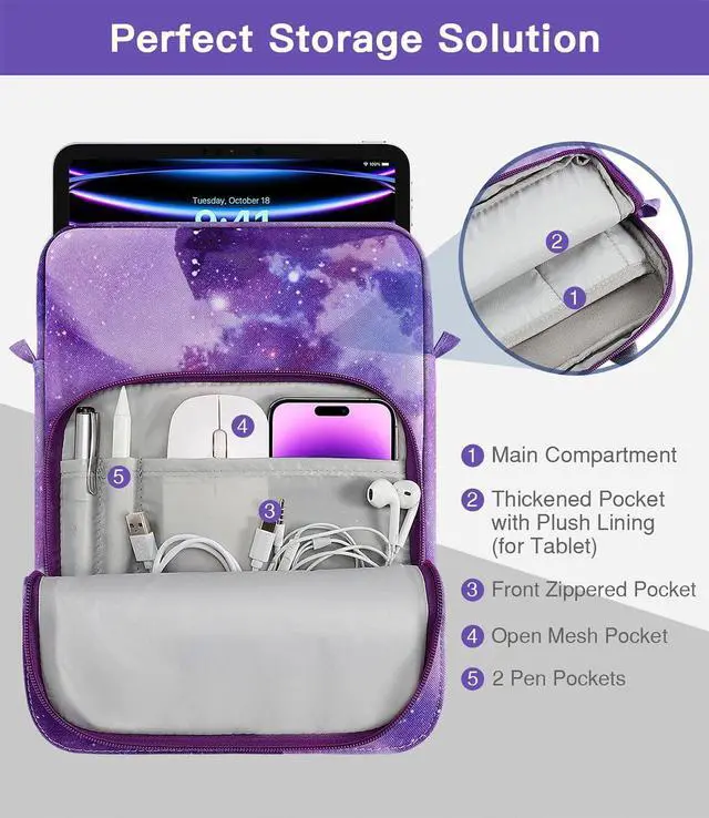 Alt view image 5 of 5 - MoKo 9-11 Inch Tablet Sleeve Bag Handle Carrying Case with Shoulder Strap Fits 11inch iPad Air M3, iPad A16 2025, iPadPro 11", iPad109/8/7th Gen 10.2, Air 5/4th 10.9, Tab S8/S9 11",Purple Starry