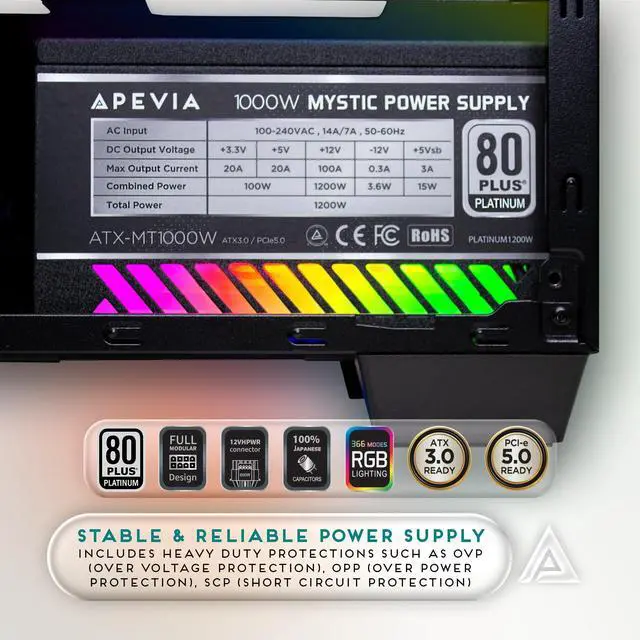 Alt view image 5 of 5 - Apevia ATX-MT1000W Mystic 1000W Fully Modular 80+ Platinum Certified, PCIe 5.0 & ATX 3.0 Ready Active PFC ATX RGB Gaming Power Supply, Includes Gen 5 12VHPWR Connector & 366 RGB Light Modes