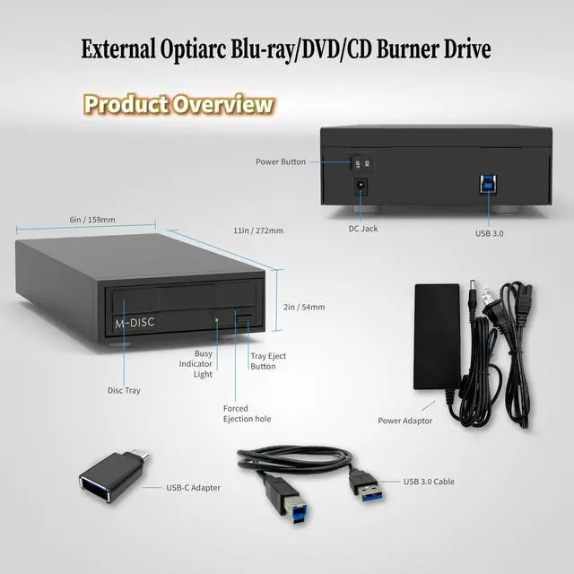 Alt view image 2 of 5 - Optiarc 16X Blu-ray BDXL DVD CD External Burner Drive with USB 3.2 Gen 1, Free Burning Software, Sample Discs, and Archival M-Disc Support