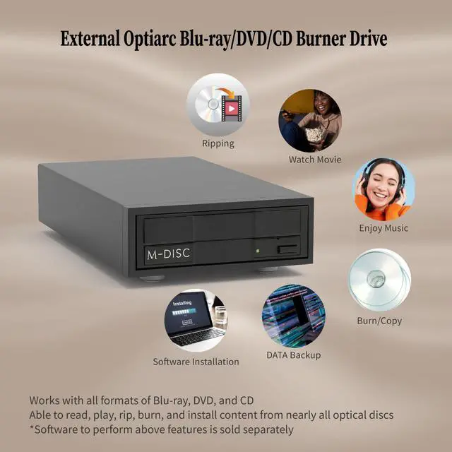 Alt view image 4 of 5 - Optiarc 16X Blu-ray BDXL DVD CD External Burner Drive with USB 3.2 Gen 1, Free Burning Software, Sample Discs, and Archival M-Disc Support