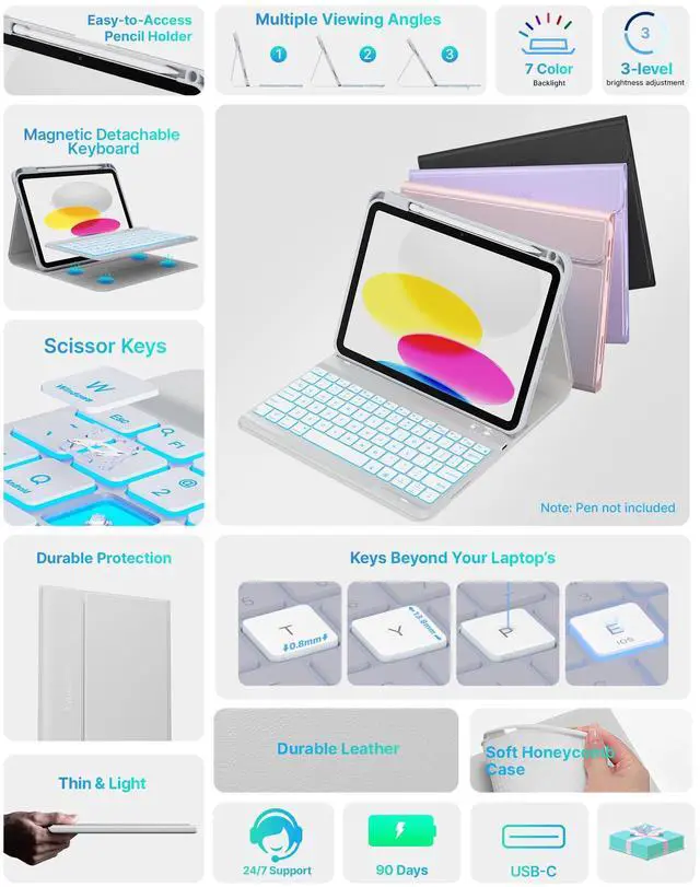 Alt view image 3 of 5 - typecase Folio Keyboard Case for iPad 10th Gen 10.9 inch (2022) and iPad 11th (A16, 2025), Magnetic Wireless Detachable Keyboard, 7-Color Backlight, Thin & Light, Pencil Holder - Gray