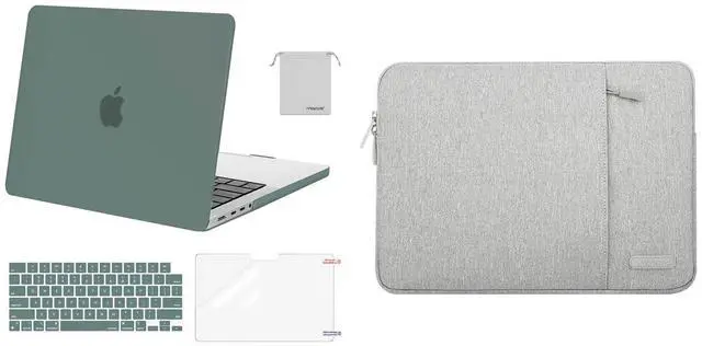 Main image of MOSISO Compatible with MacBook Pro 14 inch Case 2023-2021 M2 A2779 A2442 M1, Plastic Hard Case&Polyester Vertical Sleeve Bag with Pocket&Keyboard Cover&Screen Protector&Storage Bag,Midnight Green&Gray