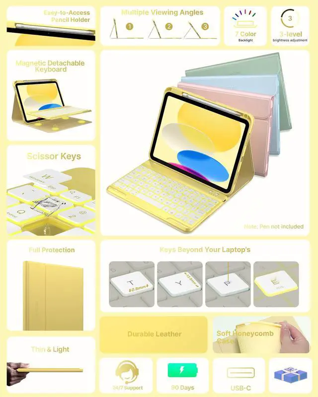 Alt view image 3 of 5 - typecase Folio Keyboard Case for iPad 10th Gen 10.9 inch (2022) and iPad 11th (A16, 2025), Magnetic Wireless Detachable Keyboard, 7-Color Backlight, Thin & Light, Pencil Holder - Yellow