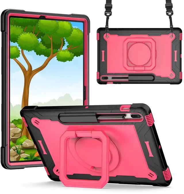 Main image of Dteck Rugged Shockproof Case with Handle & 360 Swivel Kickstand for Samsung Galaxy Tab S8 Plus/S7 FE 12.4", "Black & Rose