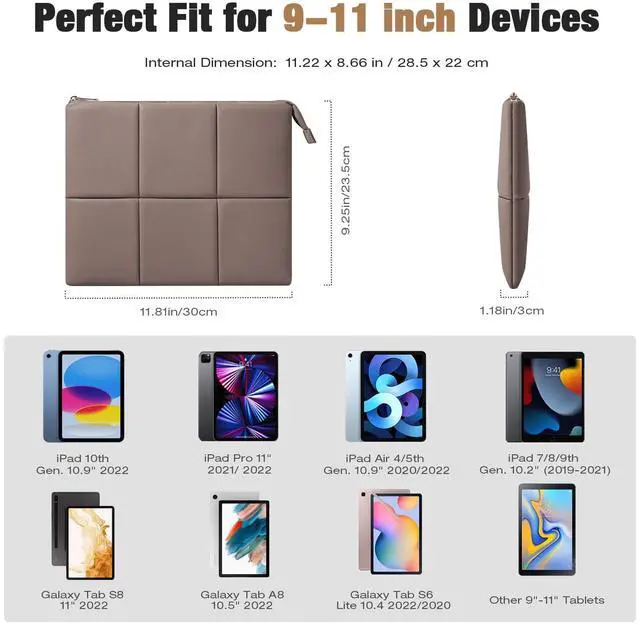 Alt view image 2 of 5 - MoKo 9-11 Inch Puffy Tablet Sleeve Bag Fit with New 11-inch iPad Pro M4/iPad Air M2, iPad 10th Gen 10.9, iPad Pro 11, iPad Air 4/5th Gen 10.9, Built-in Elastic Band, PU Leather Carrying Case, Coffee