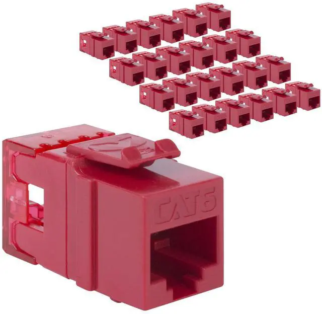 Main image of ICC CAT6 Keystone Jack with Slim Profile 180 Degree Punch Down, RJ45 UL Listed PoE++ TAA Compliant for Wall Plate or Patch Panel, Works with JackEasy Termination Tool, Red 25 Pack