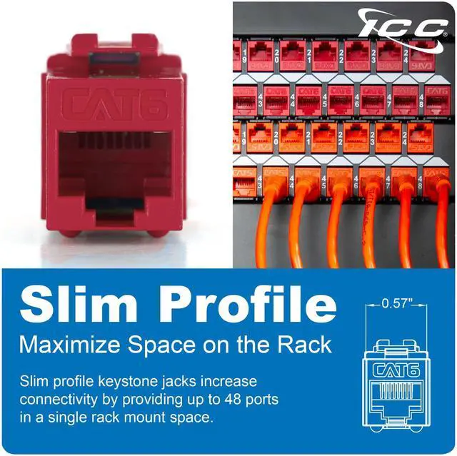 Alt view image 3 of 5 - ICC CAT6 Keystone Jack with Slim Profile 180 Degree Punch Down, RJ45 UL Listed PoE++ TAA Compliant for Wall Plate or Patch Panel, Works with JackEasy Termination Tool, Red 25 Pack