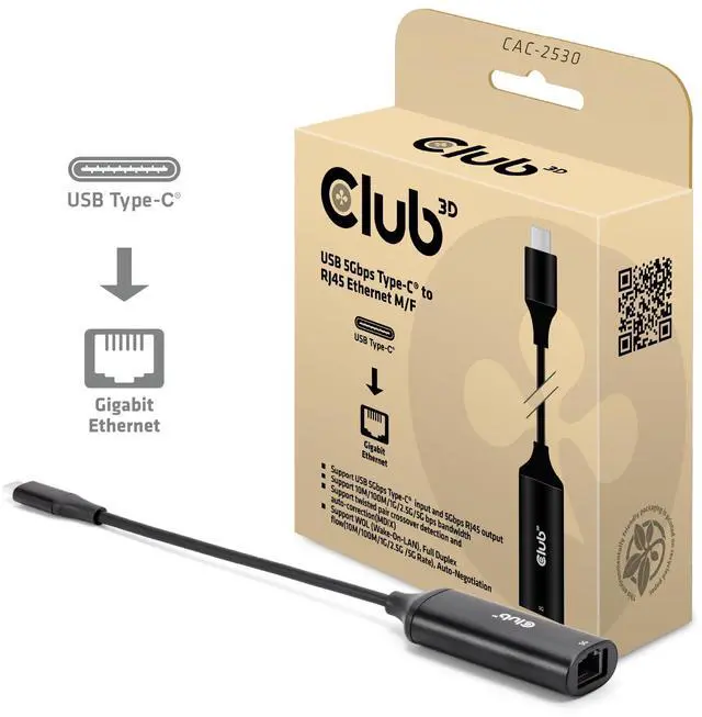 Alt view image 2 of 5 - Club3D CAC-2530 USB 5Gbps Type-C(r) to RJ45 Ethernet M/F